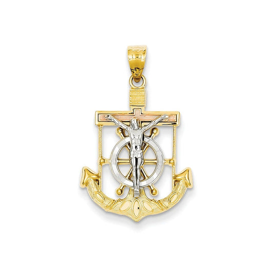 14k Tri-color Diamond-cut w/Textured Mariner\'s Cross Pendant