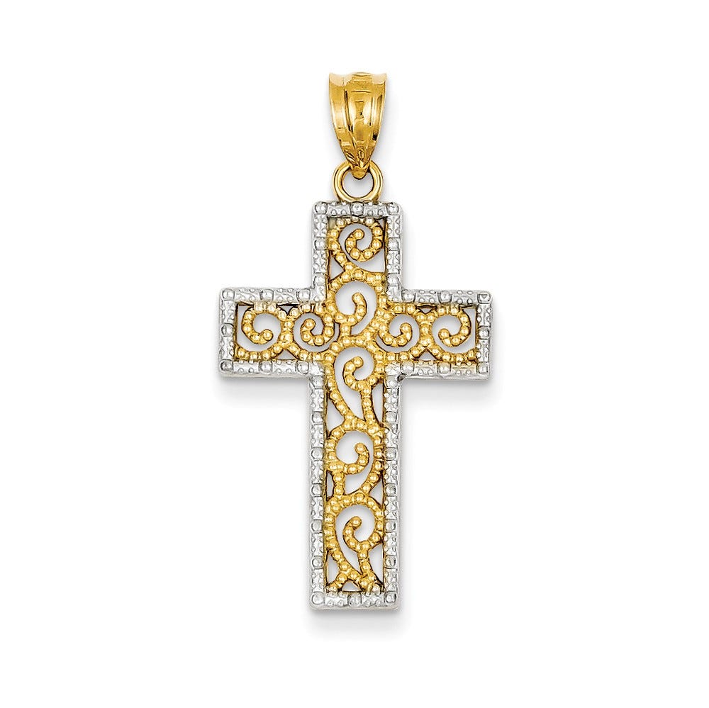 14k w/Rhodium Filigree Cross Pendant