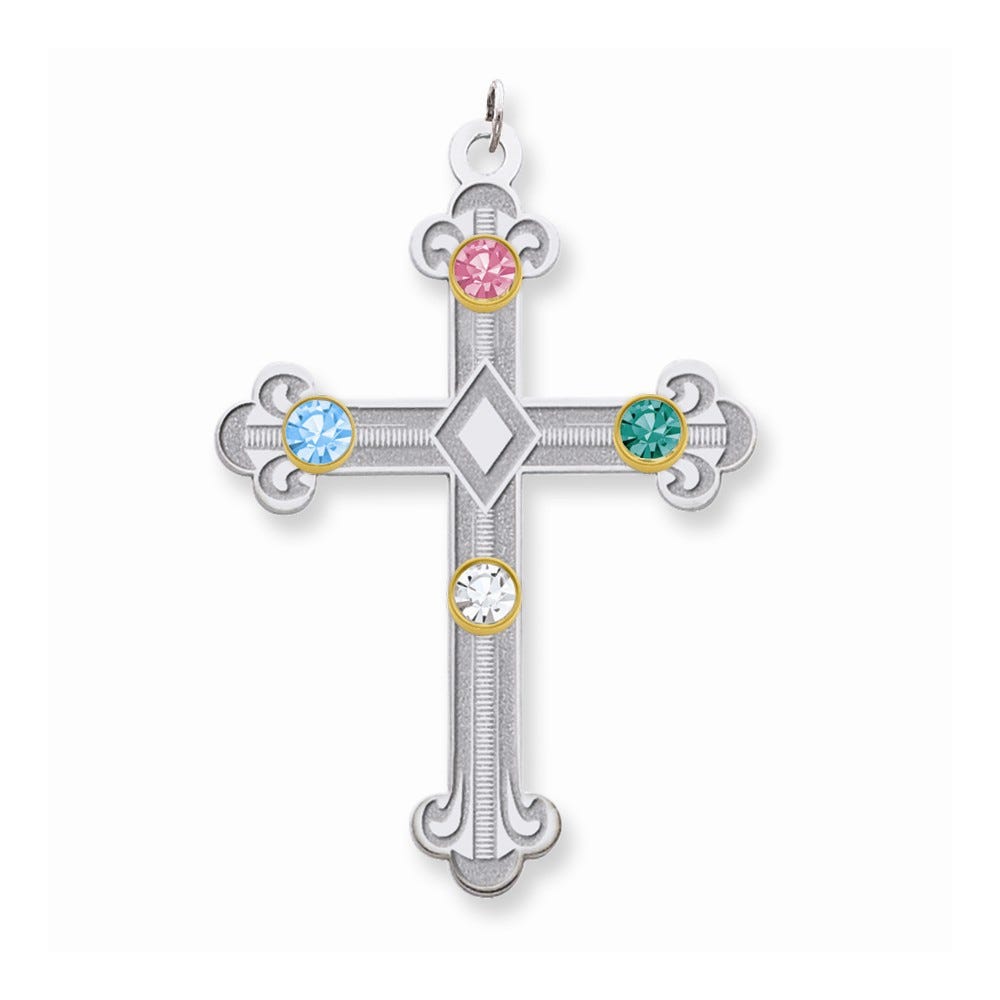 Sterling Silver/14k Bezel Crystal Family Cross Pendant