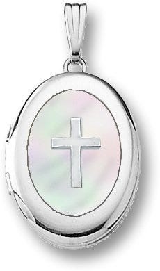 14k White Gold Mother of Pearl Cross Oval Photo Locket