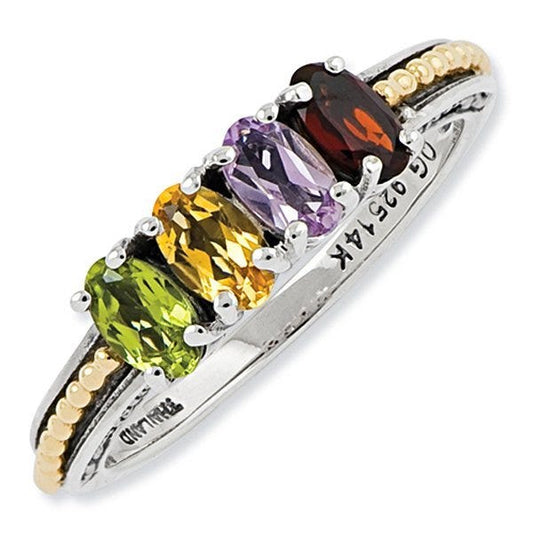 Sterling Silver & 14k Gold Antiqued Mother's Ring w/ Four Birthstones