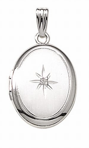 14k White Gold Small Oval Photo Locket with Diamond