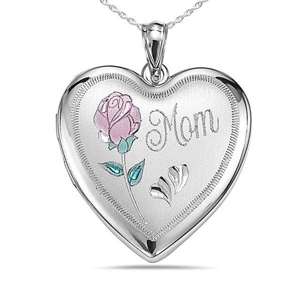 Sterling Silver Mom with Enamel Flower Heart Photo Locket - 1 inch x 1 inch