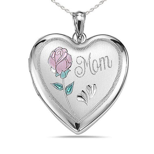 Sterling Silver Mom with Enamel Flower Heart Photo Locket - 1 inch x 1 inch