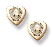 14K Yellow Gold Child's Genuine  "Opal"Heart" Safety Back Earrings