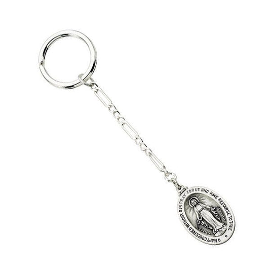 Miraculous Religious Oval Keychain - 3/4 Inch Wide x Under 1-1/4 Inch Tall - Sterling Silver
