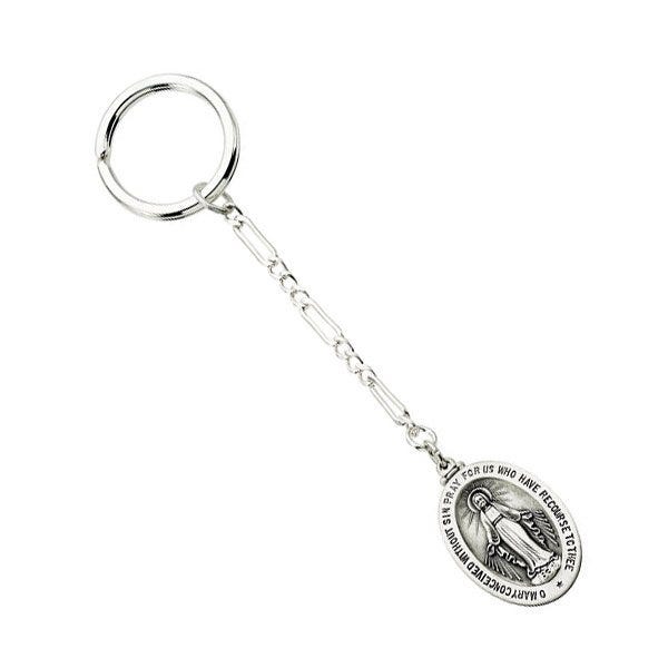 Miraculous Religious Oval Keychain - 3/4 Inch Wide x Under 1-1/4 Inch Tall - Sterling Silver