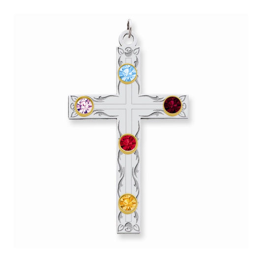 Sterling Silver/14k Bezel Crystal Family Cross Pendant