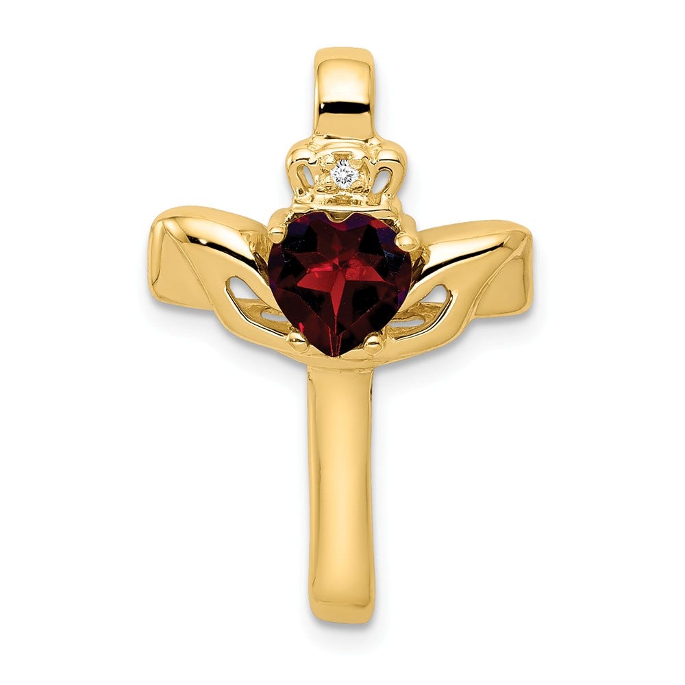 14k Garnet & AA Diamond Claddagh Cross Pendant
