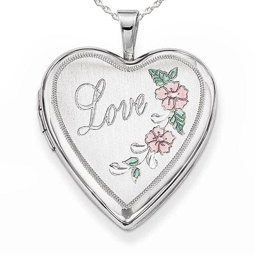 Sterling Silver Love with Pink and Green Enamel Heart Photo Locket - 3/4 inch x 3/4 inch