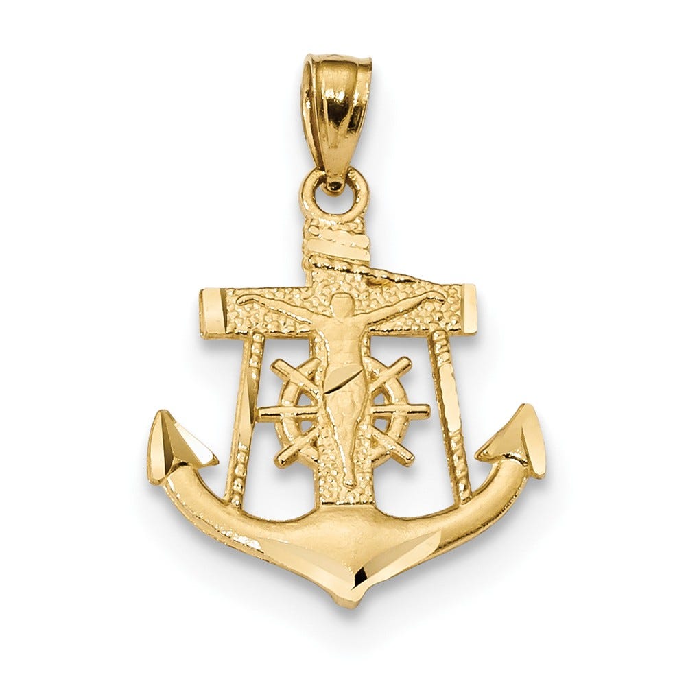 14k Satin Diamond-cut Anchor w/Crucifix Pendant