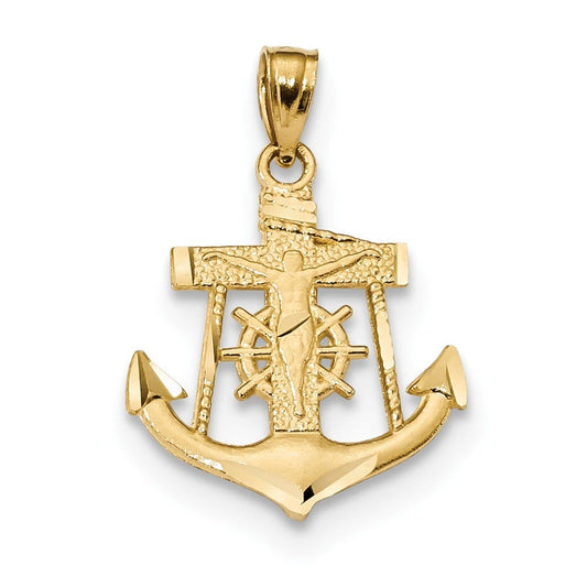 14k Satin Diamond-cut Anchor w/Crucifix Pendant