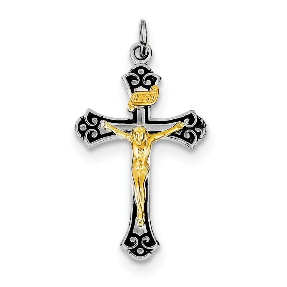 Sterling Silver Rhodium-plated & Vermeil Crucifix Pendant