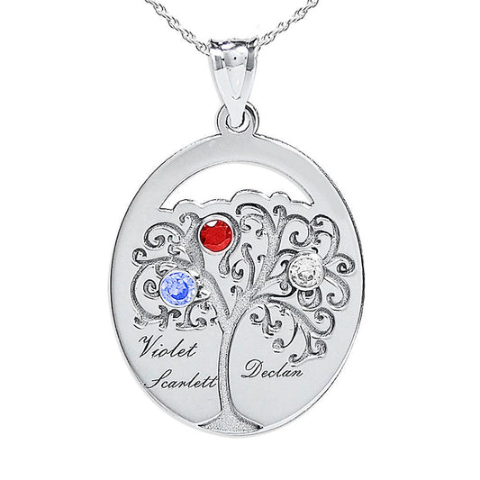 Personalized Family Tree Pendant with 3 Names and Birthstones- Includes 18 Inch Chain