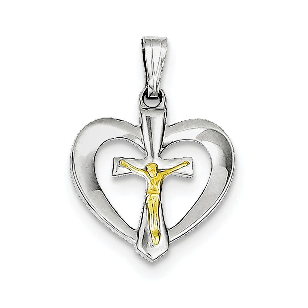 Sterling Silver Rhodium-plated Polished Heart with Vermeil Crucifix Pendant