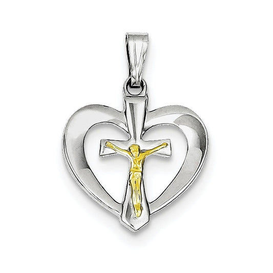 Sterling Silver Rhodium-plated Polished Heart with Vermeil Crucifix Pendant