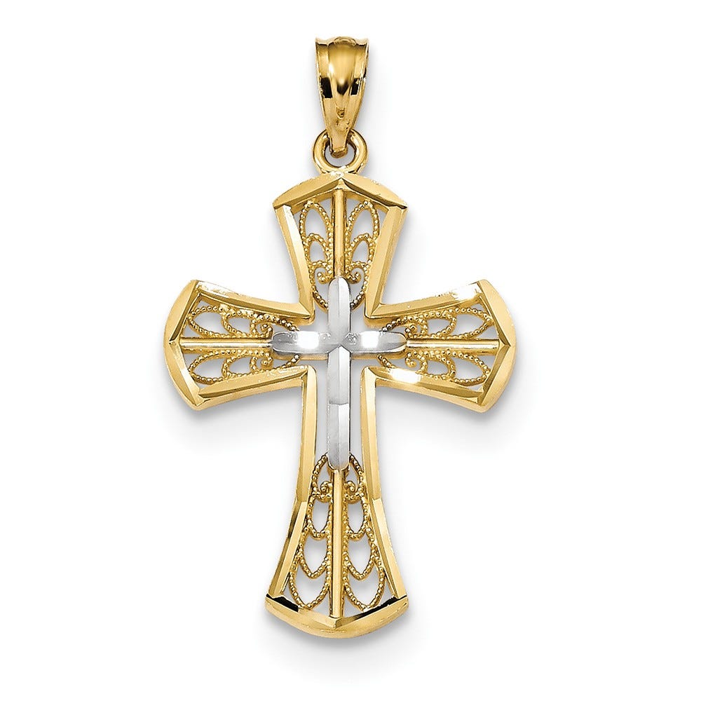 14k w/Rhodium Polished D/C Filigree Cross Pendant
