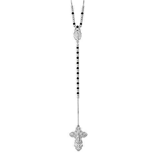 Sterling Silver & Black Glass Rosary Bead Necklace /with Miraculous Medal