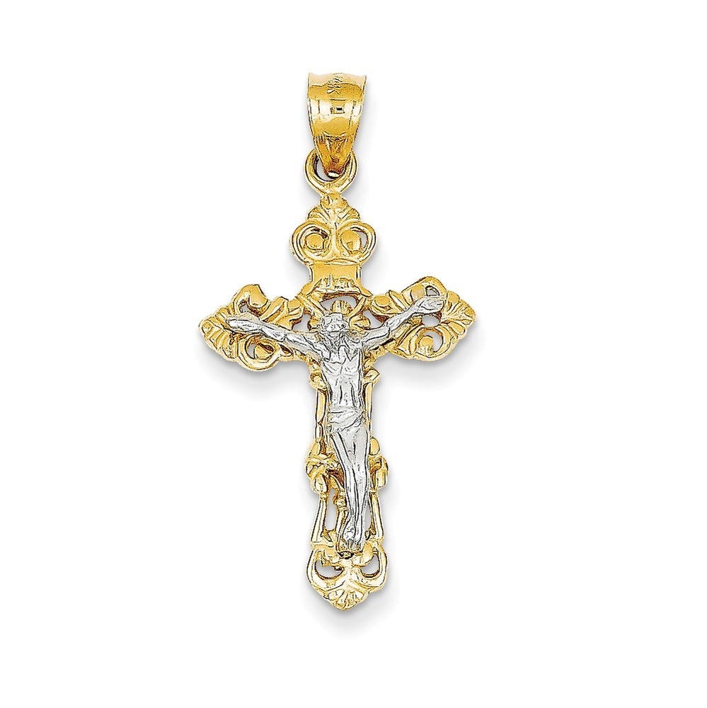 14k Two-tone Fleur De Lis Crucifix Pendant