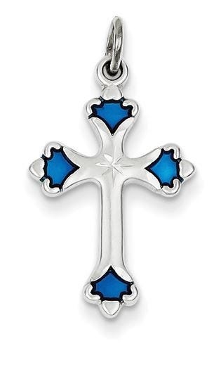 Sterling Silver Blue Enameled Budded Cross Charm