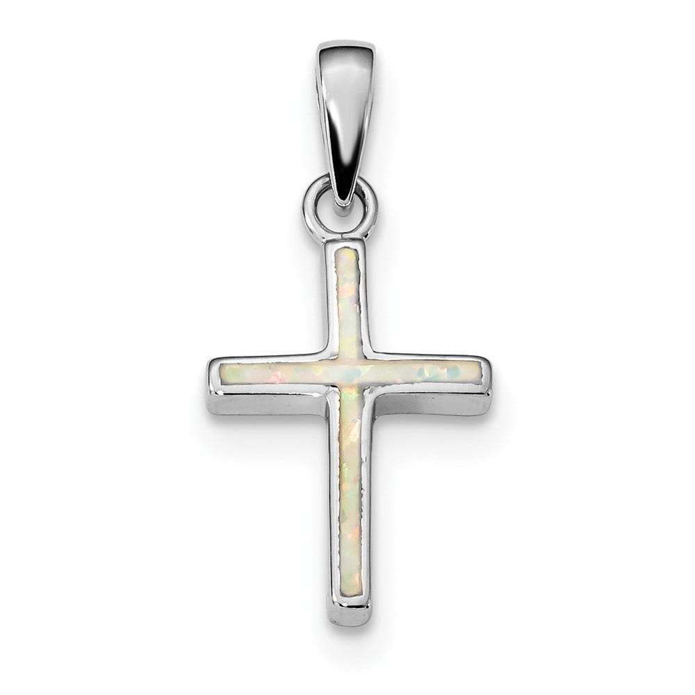Sterling Silver Rhodium-plated White Created Opal Cross Pendant