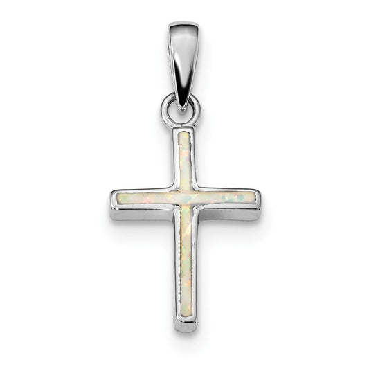 Sterling Silver Rhodium-plated White Created Opal Cross Pendant