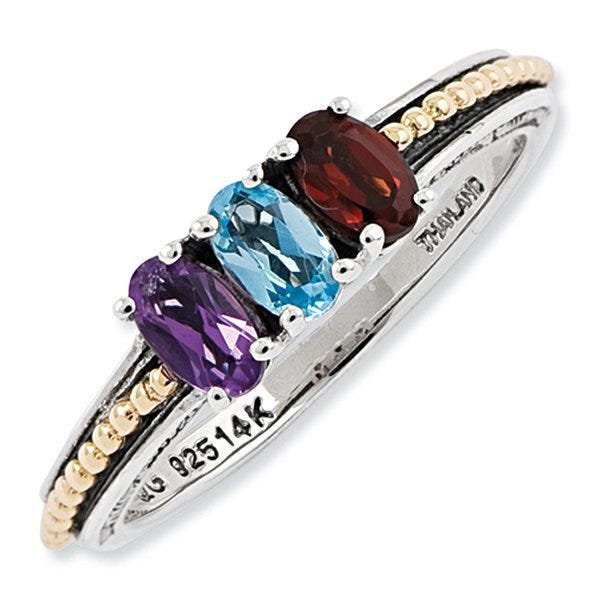 Sterling Silver & 14k Gold Antiqued Mother's Ring w/ Three Birthstones