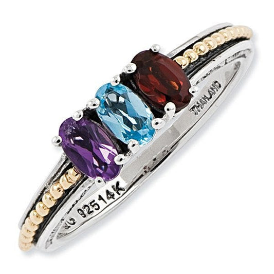 Sterling Silver & 14k Gold Antiqued Mother's Ring w/ Three Birthstones