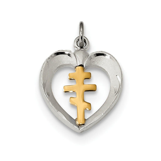 Sterling Silver Gold-plated Polished Satin and D/C Cross Heart Pendant