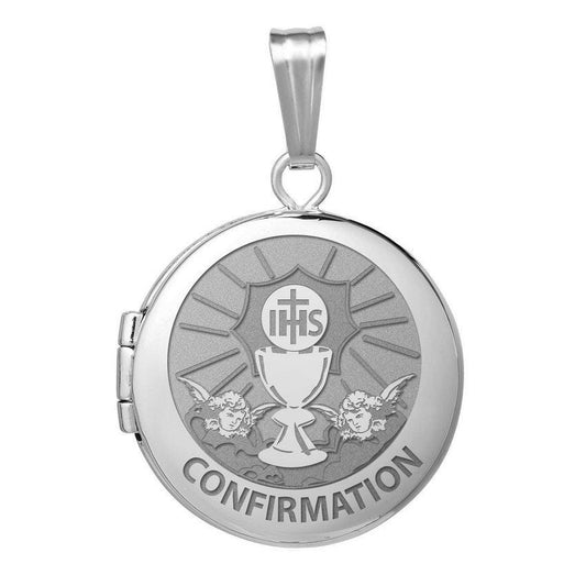 Sterling Silver Round  Picture Confirmation "Chalice and Angel" Locket