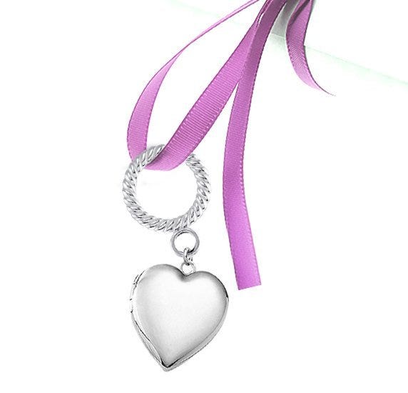 Sterling Silver Wedding Bouquet Heart Photo Locket With Ribbon Loop - 3/4 inch x 3/4 inch