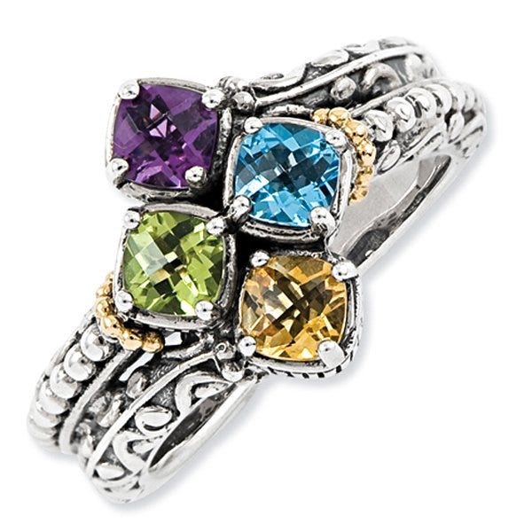 Sterling Silver & 14k Four-stone  Antiqued Mother's Ring