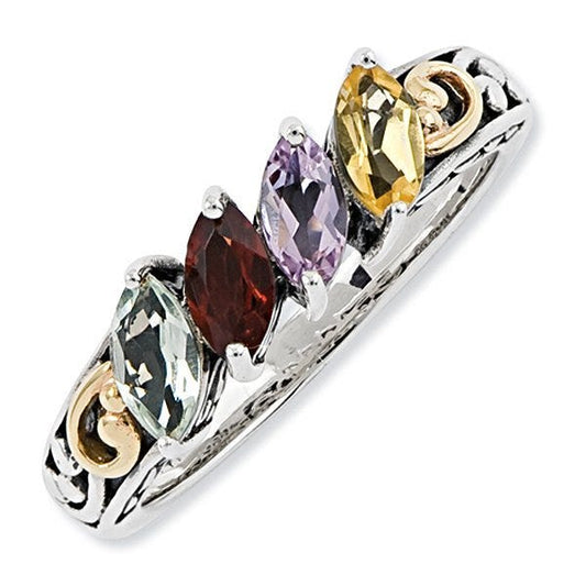 Sterling Silver & 14k Four-stone  Antiqued Mother's Ring