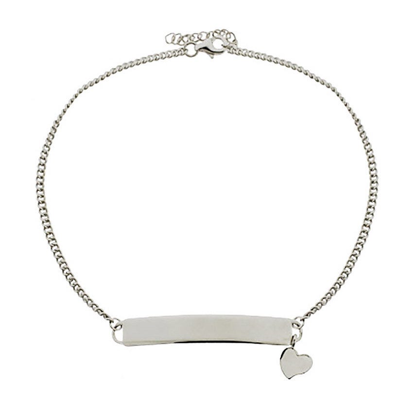 Sterling Silver Polished Anklet with Heart Charm & Engravable Plate