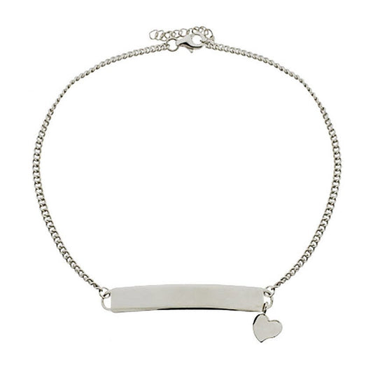 Sterling Silver Polished Anklet with Heart Charm & Engravable Plate