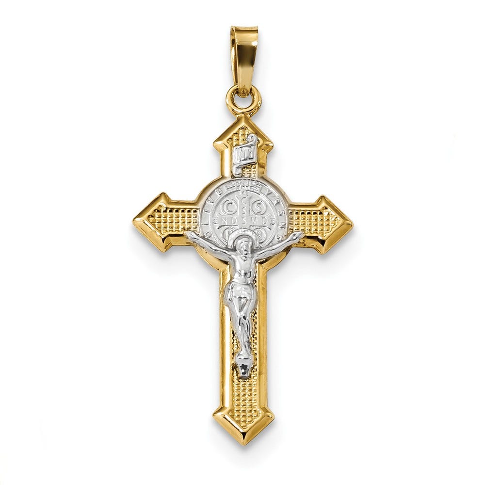 14k w/Rhodium Polished St. Benedict Medal INRI Crucifix Pendant