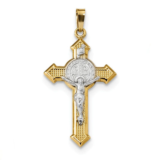 14k w/Rhodium Polished St. Benedict Medal INRI Crucifix Pendant
