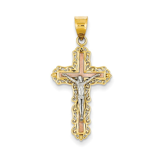 14K Tri-color Diamond-cut Crucifix Pendant
