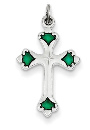 Sterling Silver Green Enameled Budded Cross Charm
