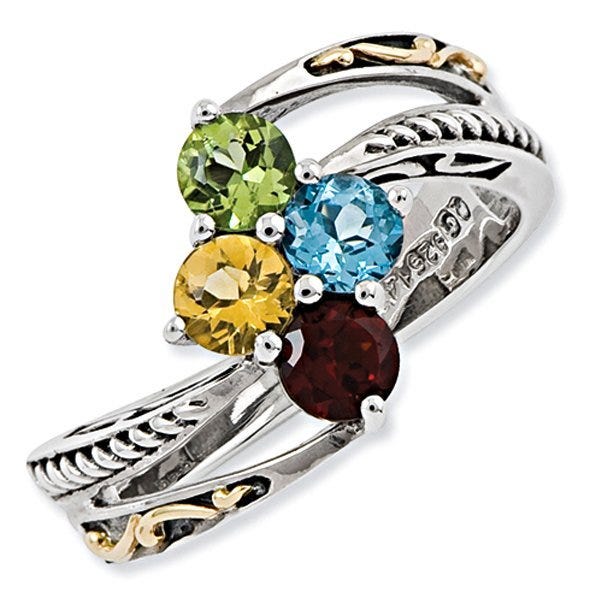 Sterling Silver & 14k Four-stone  Antiqued Mother's Ring