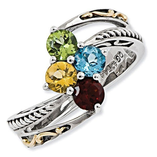 Sterling Silver & 14k Four-stone  Antiqued Mother's Ring