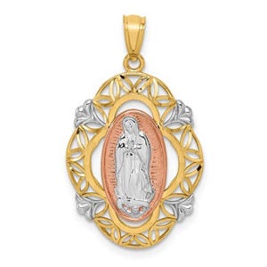 14K Tri-Color Gold Our Lady Of Guadalupe Floral Cut-Out Border Religious Medal