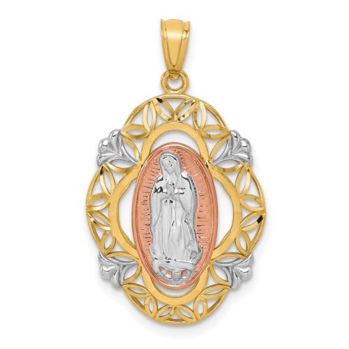 14K Tri-Color Gold Our Lady Of Guadalupe Floral Cut-Out Border Religious Medal