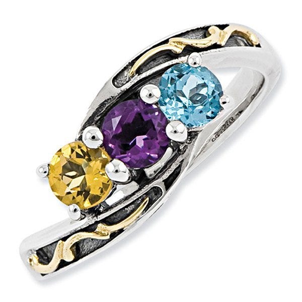 Sterling Silver & 14k Three-stone  Antiqued Mother's Ring