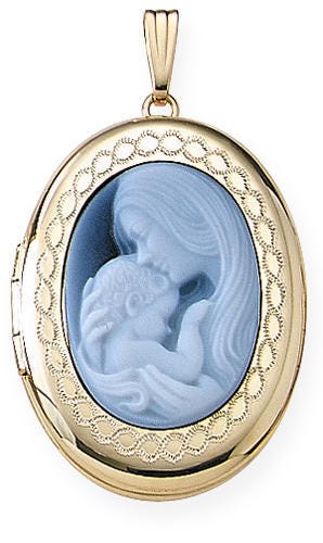 Solid 14K Yellow Gold Mother & Child Cameo Oval Photo Locket