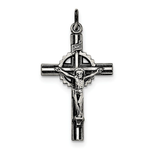 Sterling Silver Antiqued, Textured and Polished INRI Crucifix Pendant