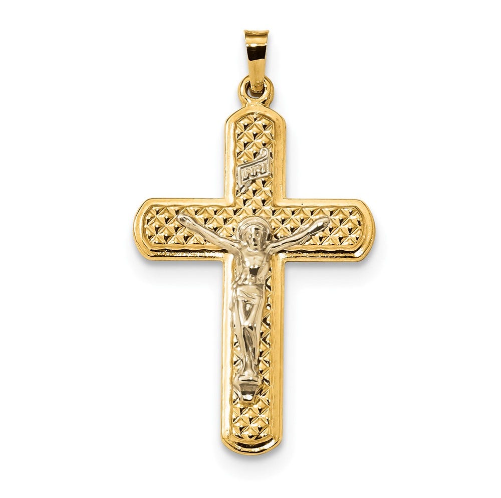 14k Two-tone Polished and Textured INRI Crucifix Pendant