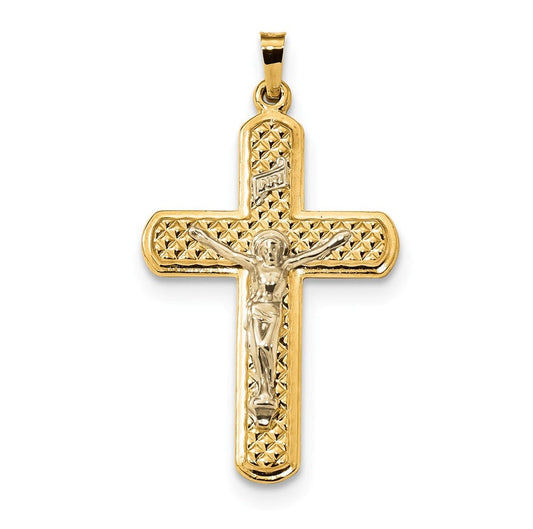 14k Two-tone Polished and Textured INRI Crucifix Pendant
