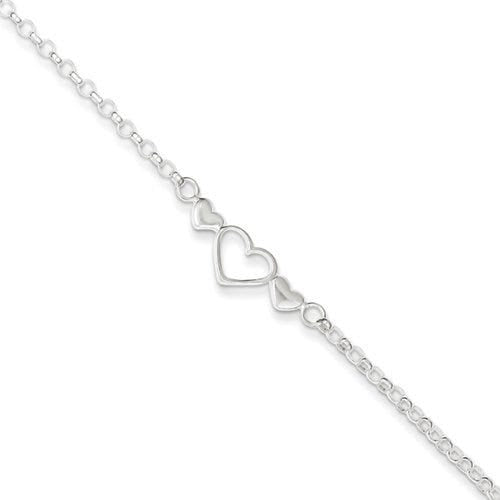Sterling Silver Polished Triple Heart Anklet