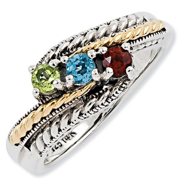 Sterling Silver & 14k Three-stone  Antiqued Mother's Ring